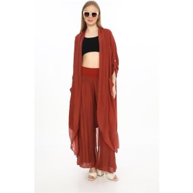 Resim Bohem Stil Itayan Ipek Detaylı Oversize Kaftan- Pantolon Takım-9214 Bordo 