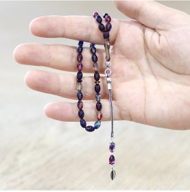 Resim Tesbihname Ateş Kehribar Tesbih - 925 Ayar Gümüş Püsküllü - Mini Boy - Bonibon - Arpa Kesim Çok Renkli 