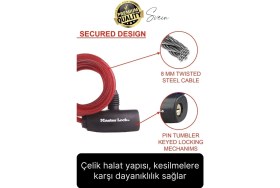 Resim Svein Premium Anahtarlı Çelik Halatlı Dayanıklı Bisiklet Motosiklet Scooter Kilidi 150 cm Güvenli Pratik 