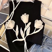 Resim Kadınların şık siyah 3D tulip applikasyonlu tank topu - Kolsuz, çiçek desenli, polyester, tüm mevsimler için rahat ve şık, çiçek desenli üst|Çiçek desenli tank top|Zarif tasarım 
