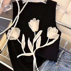 Resim Kadınların şık siyah 3D tulip applikasyonlu tank topu - Kolsuz, çiçek desenli, polyester, tüm mevsimler için rahat ve şık, çiçek desenli üst|Çiçek desenli tank top|Zarif tasarım 