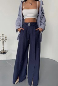 Resim Pusula Sepeti Salaş Önden Yırtmaç Detaylı Bel Kemerli Pantolon - Lacivert Lacivert 