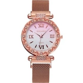 Resim Hanyang Pembe Altın Yeni Moda Bayanlar Lüks Saatler Örgü Mıknatıs Toka Kuvars Izle Kadınlar Hediye Için Rahat Bilezik Saatler Relogio Feminino Saat (Yurt Dışından) 