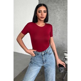 Resim Rahat Ve Şık Kısa Kollu Bisiklet Yaka Likralı Viskon Penye Body Bordo 