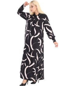 Resim Melsay Butik Fularlı Beyaz Tüy Desen Uzun Kollu Büyük Beden Kadın Elbise Siyah 