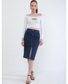 Resim Banny Jeans Önden Yırtmaçlı Likralı Midi Jean Etek Koyu Mavi 