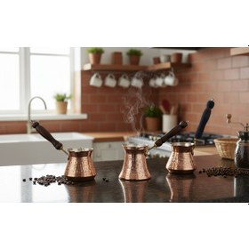 Resim Ludıa Otantik İşlemeli 3 Adet El Yapımı Eskitme Bakır Cezve Set 