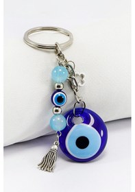 Resim El Yapımı Cam Nazar Boncuklu Salkım Turkuaz Boncuklu Anahtarlık, 
