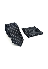 Resim Gaffy Beyaz Küçük Kare Desenli Siyah Dokuma Kumaş Mendilli Slim Fit Kravat // Sdk-2511-1 Siyah 