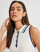 Resim Düğme Detaylı Renk Kontrastlı Çizgili Kolsuz Polo Yaka Triko Üst 