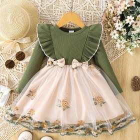 Resim Küçük Kızlar ve Bebekler İçin İlkbahar/Sonbahar Fırfırlı Uzun Kollu Fiyonk Yama Çiçekli Rastgele Baskı File Elbise 