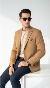 Resim Erkek Blazer Ceket - İtalyan Kesim Ceket, Slim Fit Tek Düğmeli, Çift Yırtmaçlı Tam Astarlı Şık Klasik Model (Camel, 46) 