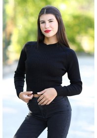 Resim Kadın Siyah Fitilli Crop Triko Kazak Kısa Model Akrilik Kumaş Ribanalı - 3122 Siyah 