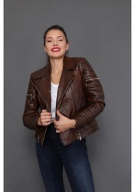 Resim Hakiki Kuzu Derisi Kollları İşlemeli Fermuarlı Kadın Ceket Kahverengi Kahverengi 