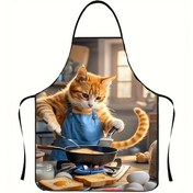 Resim 1 Adet Eğlenceli Turuncu Kedi Şef Önlüğü Mavi Cepli - Eğlenceli Mutfak Tasarımı, Polyester Kumaş, Sevimli Pişirme Kedi İllüstrasyonu, Ev veya Kafe Kullanımı İçin Mükemmel, Kedi Önlüğü 