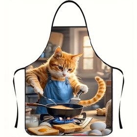Resim 1 Adet Eğlenceli Turuncu Kedi Şef Önlüğü Mavi Cepli - Eğlenceli Mutfak Tasarımı, Polyester Kumaş, Sevimli Pişirme Kedi İllüstrasyonu, Ev veya Kafe Kullanımı İçin Mükemmel, Kedi Önlüğü 