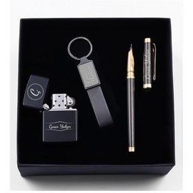 Resim Kişiye Özel Füme Dolma Kalem & Çakmak & Siyah Anahtarlık Hediye S 