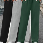 Resim 3'lü Kadın Günlük Polyester Jogger Pantolon İpli & Cepli - Rahat Elastik Bel, Siyah, Gri, Yeşil Renklerde Düz Renk Eşofman Altı, Makinede Yıkanabilir 