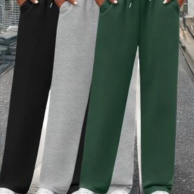 Resim 3'lü Kadın Günlük Polyester Jogger Pantolon İpli & Cepli - Rahat Elastik Bel, Siyah, Gri, Yeşil Renklerde Düz Renk Eşofman Altı, Makinede Yıkanabilir 