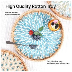 Resim Morponi 2'li El Yapımı Doğal Rattan Tepsi Sedef Desenli Yuvarlak Sunum Tepsisi Şık Servis Tepsisi 30-33 Cm Mavi Kahverengi 
