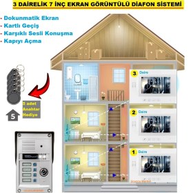 Resim Ucuzcu Market 3 Daire Için 7inç Ekan Görüntülü Diafon Sistemi (Dokunmatik Ekran-Renkli-Sesli Konuşma-Kapıyı Açma) 
