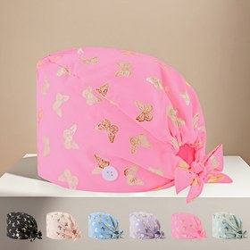 Resim Altın Kelebek Baskılı Ayarlanabilir Hemşire Şapkası, Teri Emici Polyester, Düğme Kapatma, Elastik Uyum için, Güzellik ve Evcil Hayvan Hastanesi Kullanımı, Kelebek Dekoru 