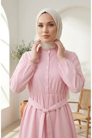 Resim sefamerve Beli Büzgülü Çizgili Keten Tesettür Elbise 0324-03 Pembe 