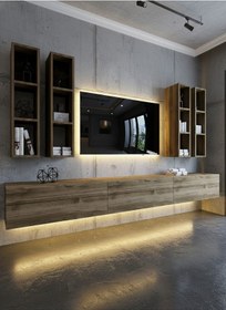 Resim Resital Ledli Duvara Monte Tv Sehpası - Ceviz - W6005-2 Çok Renkli 