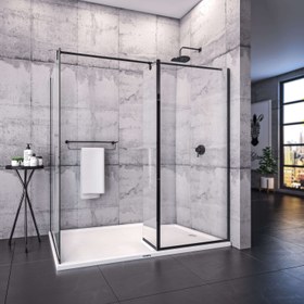 Resim Seperatör Duşakabin | 3 Sabit Önden Girişli Cam Panel - 140-149cm / Siyah / Sabit panel 