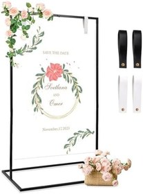 Resim Düğün Karşılama İşaret Standı, 48" x 28" x 21" Düğün İşaret Tutucumuza Hoş Geldiniz, Mat Çelik Çerçeve, 4 Deri Kayışlı Zemin Ayakta Şövale, Poster, Siyah 