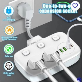 Resim Akım Korumalı 2’li Ayrı Anahtarlı Priz, 2x Priz, 3x Usb, 1x Type-C, 2 mt Kablo, Hızlı Şarj 