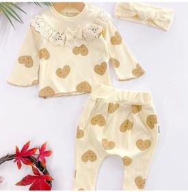 Resim Kalp Baskılı Fisto Yaka 3 Parça Kız Bebek Takımı %100 Pamuk Krem 