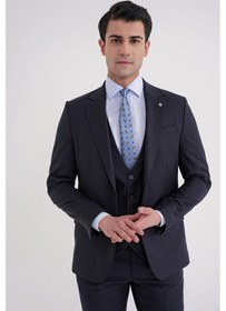 Resim Efor Slim Fit Çift Yırtmaç Çizgili Esnek Yünlü Lacivert Yelekli Klasik Takım Elbise Tk 935 Lacivert 