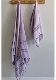 Resim Peştemal Saç Havlusu Takımı-%100 Pamuk Hafif Plaj Havlusu Seti Lila 