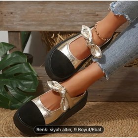 Resim Sello Store Siyah Kalın Tabanlı Önden Fiyonklu Dore Renk Kadın Dış Mekan Fransız Mary Jane Sandaletleri 