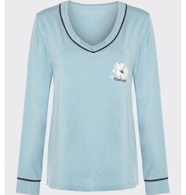 Resim Kadın V Yaka Çiçek Desenli Ara Biyeli Uzun Kollu Pamuklu Pijama Takımı Ko70141 Mavi - Beyaz 