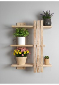 Resim Ahşap Dekoratif Masif Ahşap 3 Katlı Duvar Rafı Çiçeklik Kitaplık - Saksı Standı 60x50 Cm Bej 