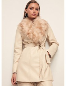 Resim Sateen Kürk Detaylı Deri Ceket - Taş 