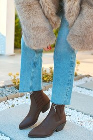 Resim POLKA STORE Nash Elastik Yan Bantlı Lastik Detaylı Western Kadın Kovboy Bot Bootie Çizme Acı Kahverengi Cilt 