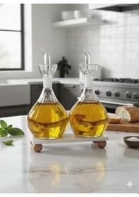 Resim Morponi Mermer Stantlı Borosilikat Cam 2'li Tombul Papatya Yağdanlık Seti 1000 Ml Beyaz 