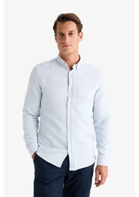 Resim DeFacto Slim Fit Dar Kesim Düğmeli Dokulu Düz Pamuk Karışımlı Uzun Kollu Gömlek T2066AZ24AUBE723 