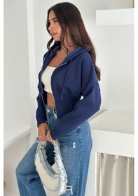 Resim Kadın Siyah Fermuarlı Hoodie Minimal Sokak Ruhuyla Lacivert 