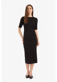 Resim DeFacto Bodycon Vücudu Saran Bisiklet Yaka Basic Düz Ribana Kısa Kollu Midi Elbise E6003AX25SPBK81 