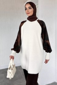 Resim Gülseli Kol Desenli İpek Kübra Kumaş Tesettür Triko Tunik Krem TZL-P-00020418 