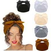 Resim Şık Düz Renkli Tavşan Kulaklı Düğüm Saç Bandı - Günlük Stil için Yumuşak ve Esnek Geniş Elastik Bant, Siyah, Gri, Bej ve Kahverengi Rahat Polyester Saç Aksesuarı, Şık Fi 