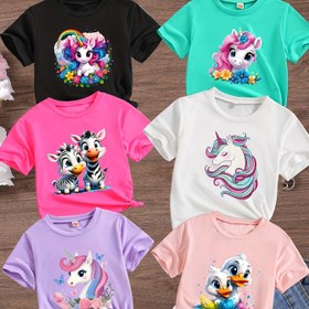 Resim 6 renk rastgele gönderilir, sadece 1 adet, eğlenceli baskılı kızlar moda tişört yazlık yuvarlak yaka kısa kollu üstler 