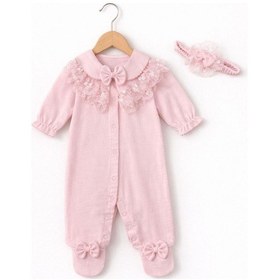 Resim Kardeşler Bebe Fiyonk Ve Dantel Detaylı Çıkarılabilir Yaka Kız Bebek Patikli Tulum + Saç Bandı Pembe 