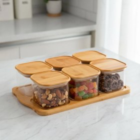 Resim 6'lı Bambu Kapaklı Cam Kahvaltılık ve Kuruyemişlik, 13 Parça Tepsili Çerezlik Seti, Vakumlu Kapak (28CM-19CM-8CM) 