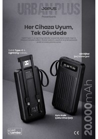 Resim Jopus 20000mah Powerbank Dahili Kablolu, Lcd Ekranlı, Led Lambalı, Taşınabilir Şarj Cihazı Siyah 