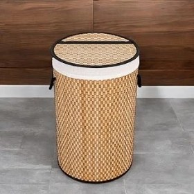 Resim El Yapımı Hasır Katlanır Çamaşır Sepeti Yuvarlak 55 Litre (35CM*35CM*61CM), Doğal Malzemede 